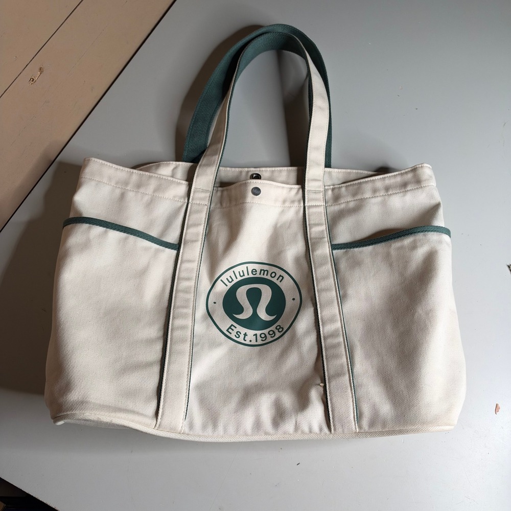 Lululemon Canvas Tote Bag Cream Green Est 1998 Logo Large Gym Travel Bag